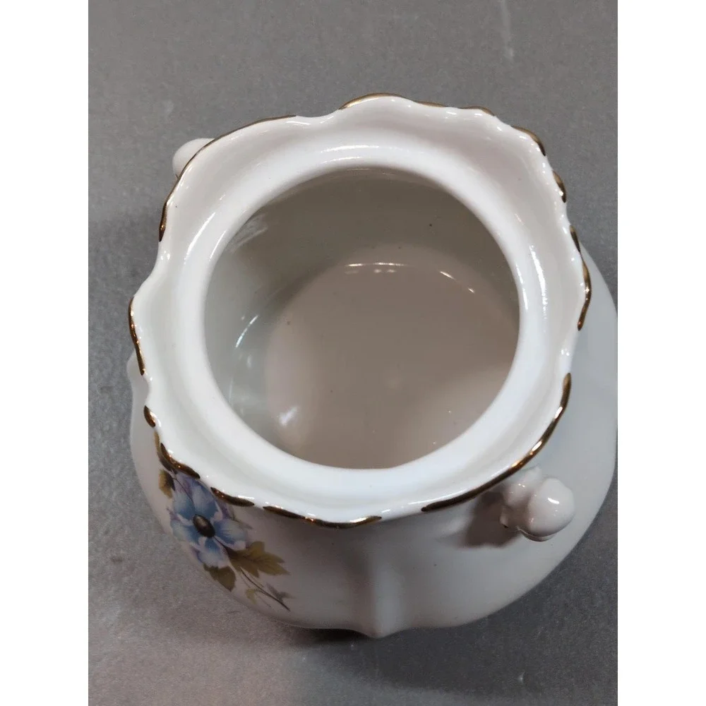 Vintage Porcelain Covered Sugar Bowl Floral Blue Purple Gold Trim Scalloped Edge